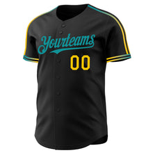 Laden Sie das Bild in den Galerie-Viewer, Custom Black Yellow-Teal Raglan Line Gradient Stripe Authentic Baseball Jersey