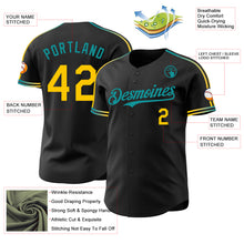Laden Sie das Bild in den Galerie-Viewer, Custom Black Yellow-Teal Raglan Line Gradient Stripe Authentic Baseball Jersey