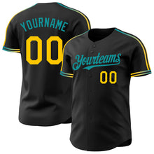 Laden Sie das Bild in den Galerie-Viewer, Custom Black Yellow-Teal Raglan Line Gradient Stripe Authentic Baseball Jersey