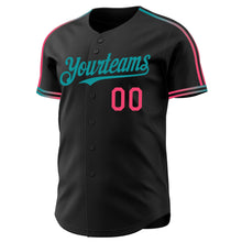 Laden Sie das Bild in den Galerie-Viewer, Custom Black Neon Pink-Teal Raglan Line Gradient Stripe Authentic Baseball Jersey