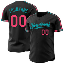 Laden Sie das Bild in den Galerie-Viewer, Custom Black Neon Pink-Teal Raglan Line Gradient Stripe Authentic Baseball Jersey