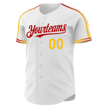 Charger l'image dans la galerie, Custom White Gold-Red Raglan Line Gradient Stripe Authentic Baseball Jersey