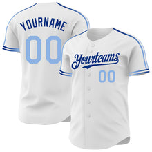 Charger l'image dans la galerie, Custom White Light Blue-Royal Raglan Line Gradient Stripe Authentic Baseball Jersey
