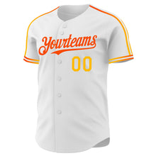 Laden Sie das Bild in den Galerie-Viewer, Custom White Gold-Orange Raglan Line Gradient Stripe Authentic Baseball Jersey