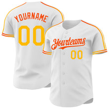 Laden Sie das Bild in den Galerie-Viewer, Custom White Gold-Orange Raglan Line Gradient Stripe Authentic Baseball Jersey