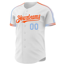 Laden Sie das Bild in den Galerie-Viewer, Custom White Light Blue-Orange Raglan Line Gradient Stripe Authentic Baseball Jersey