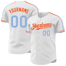 Laden Sie das Bild in den Galerie-Viewer, Custom White Light Blue-Orange Raglan Line Gradient Stripe Authentic Baseball Jersey