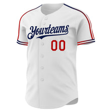 Laden Sie das Bild in den Galerie-Viewer, Custom White Red-Navy Raglan Line Gradient Stripe Authentic Baseball Jersey