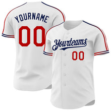 Laden Sie das Bild in den Galerie-Viewer, Custom White Red-Navy Raglan Line Gradient Stripe Authentic Baseball Jersey