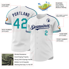Charger l'image dans la galerie, Custom White Teal-Navy Raglan Line Gradient Stripe Authentic Baseball Jersey