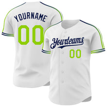 Laden Sie das Bild in den Galerie-Viewer, Custom White Neon Green-Navy Raglan Line Gradient Stripe Authentic Baseball Jersey