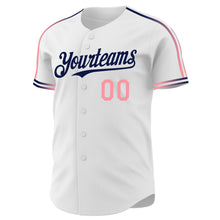 Charger l'image dans la galerie, Custom White Medium Pink-Navy Raglan Line Gradient Stripe Authentic Baseball Jersey