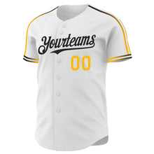 Laden Sie das Bild in den Galerie-Viewer, Custom White Gold-Black Raglan Line Gradient Stripe Authentic Baseball Jersey