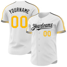 Laden Sie das Bild in den Galerie-Viewer, Custom White Gold-Black Raglan Line Gradient Stripe Authentic Baseball Jersey