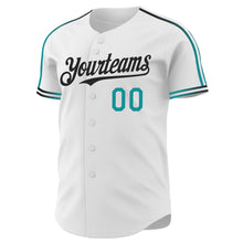 Загрузить изображение в средство просмотра галереи, Custom White Teal-Black Raglan Line Gradient Stripe Authentic Baseball Jersey