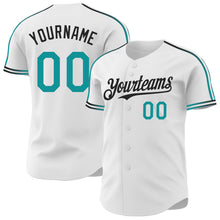 Загрузить изображение в средство просмотра галереи, Custom White Teal-Black Raglan Line Gradient Stripe Authentic Baseball Jersey