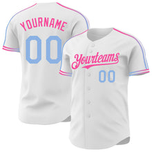 Charger l'image dans la galerie, Custom White Light Blue-Pink Raglan Line Gradient Stripe Authentic Baseball Jersey