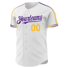 Загрузить изображение в средство просмотра галереи, Custom White Gold-Purple Raglan Line Gradient Stripe Authentic Baseball Jersey