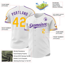 Загрузить изображение в средство просмотра галереи, Custom White Gold-Purple Raglan Line Gradient Stripe Authentic Baseball Jersey