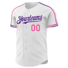 Laden Sie das Bild in den Galerie-Viewer, Custom White Pink-Purple Raglan Line Gradient Stripe Authentic Baseball Jersey