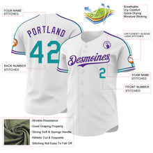 Laden Sie das Bild in den Galerie-Viewer, Custom White Teal-Purple Raglan Line Gradient Stripe Authentic Baseball Jersey