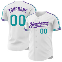 Laden Sie das Bild in den Galerie-Viewer, Custom White Teal-Purple Raglan Line Gradient Stripe Authentic Baseball Jersey