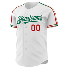 Laden Sie das Bild in den Galerie-Viewer, Custom White Red-Kelly Green Raglan Line Gradient Stripe Authentic Baseball Jersey
