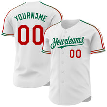 Laden Sie das Bild in den Galerie-Viewer, Custom White Red-Kelly Green Raglan Line Gradient Stripe Authentic Baseball Jersey