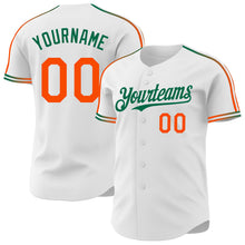 Charger l'image dans la galerie, Custom White Orange-Kelly Green Raglan Line Gradient Stripe Authentic Baseball Jersey