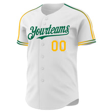 Загрузить изображение в средство просмотра галереи, Custom White Gold-Kelly Green Raglan Line Gradient Stripe Authentic Baseball Jersey