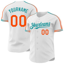 Charger l'image dans la galerie, Custom White Orange-Teal Raglan Line Gradient Stripe Authentic Baseball Jersey