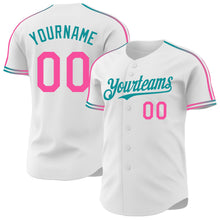 Charger l'image dans la galerie, Custom White Pink-Teal Raglan Line Gradient Stripe Authentic Baseball Jersey