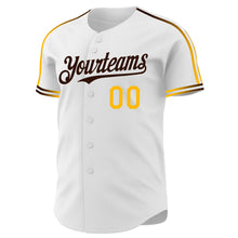 Laden Sie das Bild in den Galerie-Viewer, Custom White Gold-Brown Raglan Line Gradient Stripe Authentic Baseball Jersey