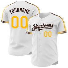 Laden Sie das Bild in den Galerie-Viewer, Custom White Gold-Brown Raglan Line Gradient Stripe Authentic Baseball Jersey