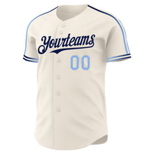 Laden Sie das Bild in den Galerie-Viewer, Custom Cream Light Blue-Navy Raglan Line Gradient Stripe Authentic Baseball Jersey