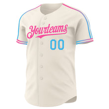 Laden Sie das Bild in den Galerie-Viewer, Custom Cream Sky Blue-Pink Raglan Line Gradient Stripe Authentic Baseball Jersey