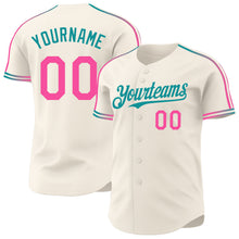 Charger l'image dans la galerie, Custom Cream Pink-Teal Raglan Line Gradient Stripe Authentic Baseball Jersey