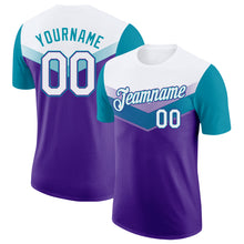 Laden Sie das Bild in den Galerie-Viewer, Custom White Purple-Teal Geometric V-Lines Color Block Performance T-Shirt