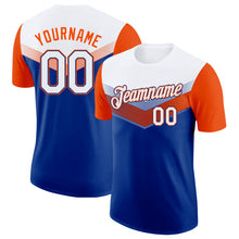 Load image into Gallery viewer, Custom White Royal-Orange Geometric V-Lines Color Block Performance T-Shirt