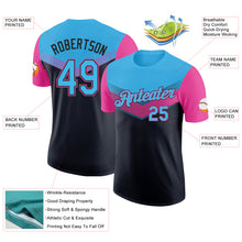 Laden Sie das Bild in den Galerie-Viewer, Custom Sky Blue Black-Pink Geometric V-Lines Color Block Performance T-Shirt