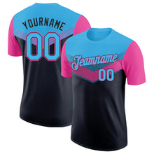 Laden Sie das Bild in den Galerie-Viewer, Custom Sky Blue Black-Pink Geometric V-Lines Color Block Performance T-Shirt