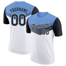 Load image into Gallery viewer, Custom Light Blue Black-White Geometric V-Lines Color Block Performance T-Shirt