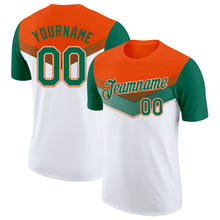 Laden Sie das Bild in den Galerie-Viewer, Custom Orange Kelly Green-White Geometric V-Lines Color Block Performance T-Shirt