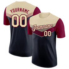 Load image into Gallery viewer, Custom Cream Black-Maroon Geometric V-Lines Color Block Performance T-Shirt