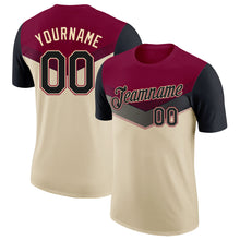 Load image into Gallery viewer, Custom Maroon Black-Cream Geometric V-Lines Color Block Performance T-Shirt