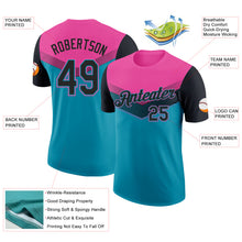 Load image into Gallery viewer, Custom Pink Black-Teal Geometric V-Lines Color Block Performance T-Shirt