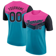 Load image into Gallery viewer, Custom Pink Black-Teal Geometric V-Lines Color Block Performance T-Shirt