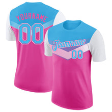 Load image into Gallery viewer, Custom Sky Blue Pink-White Geometric V-Lines Color Block Performance T-Shirt
