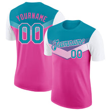Load image into Gallery viewer, Custom Teal Pink-White Geometric V-Lines Color Block Performance T-Shirt