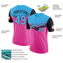 Laden Sie das Bild in den Galerie-Viewer, Custom Sky Blue Pink-Black Geometric V-Lines Color Block Performance T-Shirt